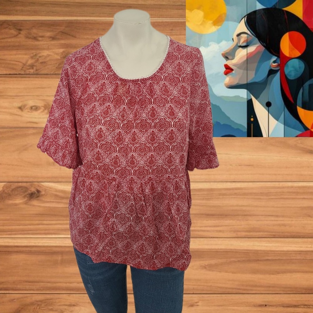 Ellos Women's Size 14 Blouse – Red/White‎ Print Casual Top